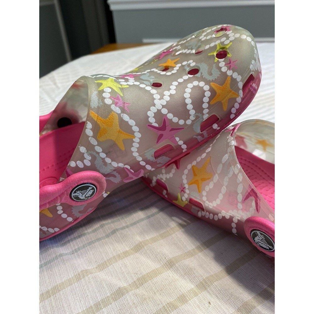 Crocs Classic Clogs Girls 10/13 Pink White Swirls Stars EUC